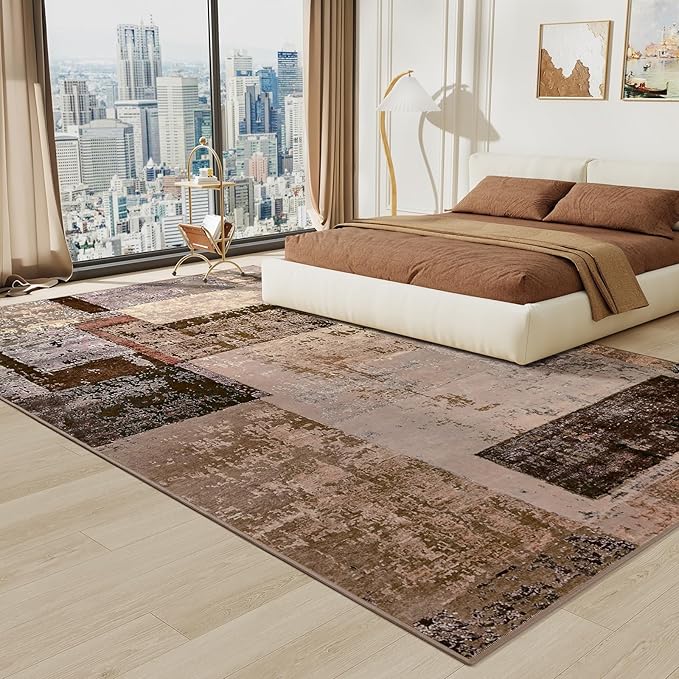 LOCHAS Rug for Living Room 6x9, Washable Soft Area Rugs for Bedroom, Abstract Carpet for Office Kids Dining Room Nursery Floor, Brown Pink Geometric Vintage Home Decor, Non Slip, Pet Child Friendly