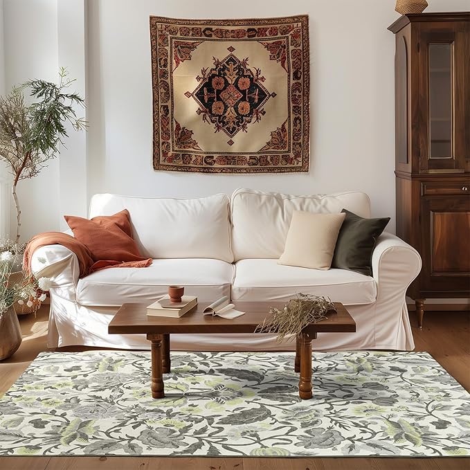 EVERGRACE Area Rugs for Living Room 5x7, Boho Floral Faux Wool Indoor Outdoor Rugs, Washable Rugs for Bedroom Dining Room Entryway Kitchen, Low Pile Floor Mat Carpet for Home Decor, Gray