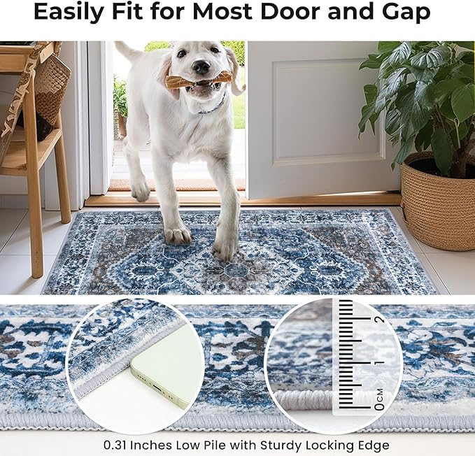 KOZYFLY Runners for Hallways 2x7 Ft Washable Kitchen Runner Rug Boho Runner Rug for Entryway Indoor Blue Printed Oriental Faux Wool Floor Carpet Runner for Bedroom Kitchen Hall