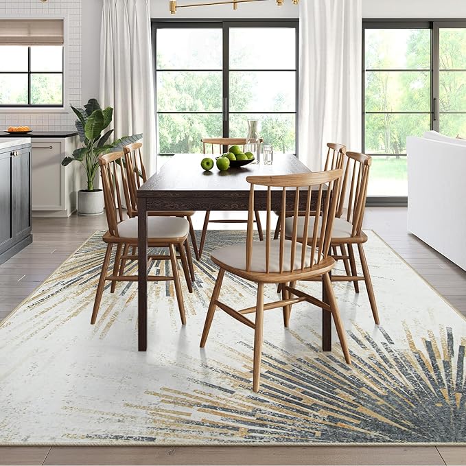 Lahome Modern Large Living Room Rug - Machine Washable Area Rug 6x9 Non-Slip Soft Bedroom Carpet, Abstract Print Indoor Throw Ultra-Thin Carpet for Dining Room Table Office Home (Gold/Gray, 6'x9')