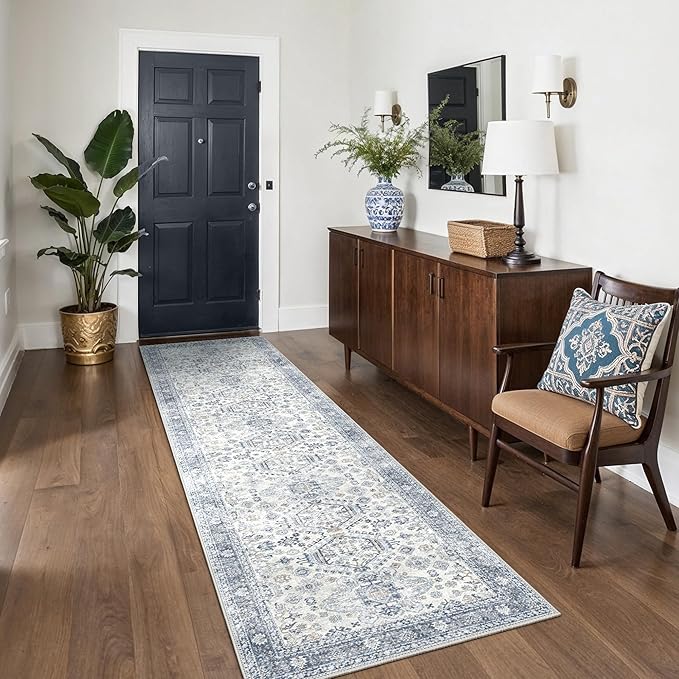 Bavni Washable Runner Rug 2’6”x8’, Non Slip Vintage Hallway Runner, Ultra Thin Low Pile Washable Carpet for Kitchen Entryway Bedroom, Light Blue