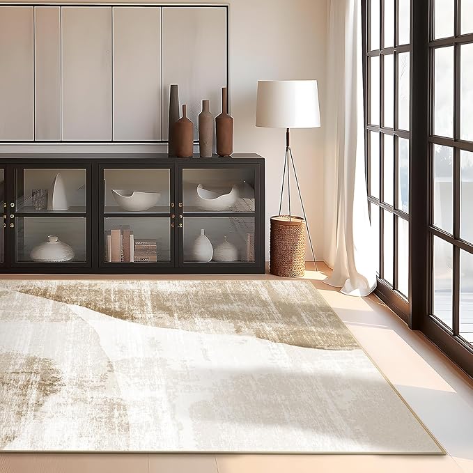 Phantoscope Washable Area Rug 5'x7' Non-Slip, Modern Neutral Boho Rugs for Living Room, Bedroom, Dining Room, Distressed Geometric Dune Pattern, Low-Pile Foldable Floor Carpet, Linen Beige/Taupe