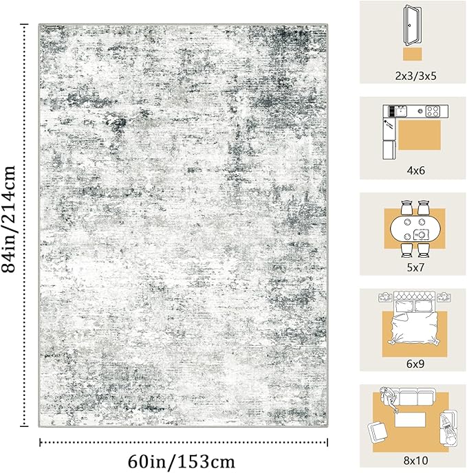 5x7 Machine Washable Area Rug for Living Room, Grey Modern Vintage Abstract Rug Large Non-Slip Low Pile Soft Faux Wool Carpet, Kids and Pets Friendly for Bedroom Dining Room Farmhouse Home Decor Rug