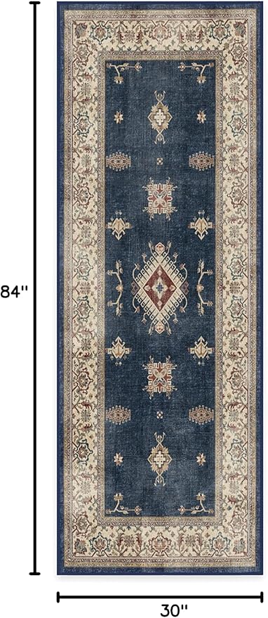 RUGGABLE Washable Vintage Runner Rug – Verena Sapphire 2.5x7, Stain-Resistant, Non-Slip Hallway Runner – Machine Washable Rug for Hallway, Entryway, Living Room & Kitchen–with Standard Pad