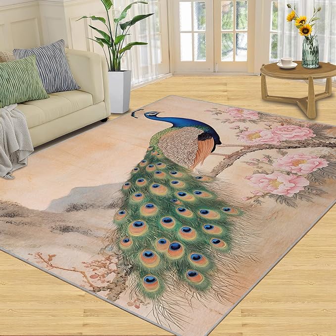 Peacock Peony Area Rug 5x6-5x6 Rug, Classic Peacock Peony Rugs for Living Room, Floral Animal Carpet, Peafowl Feather Washable Area Rugs for Bedroom, Aesthetics Carpet - Peafowl Home Decor & Gifts