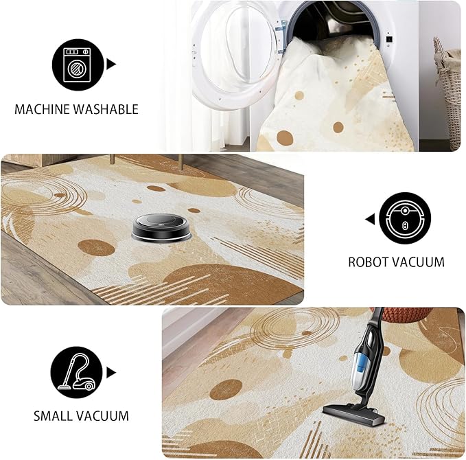 Minimalist Abstract Area Rug 5x7 Beige Boho, Modern Washable Geometric Art Carpet, Soft Non-Slip Low-Pile Carpet for Living Room, Bedroom, Kitchen, Dining Room, Pet Friendly, Non-Shedding, Brown