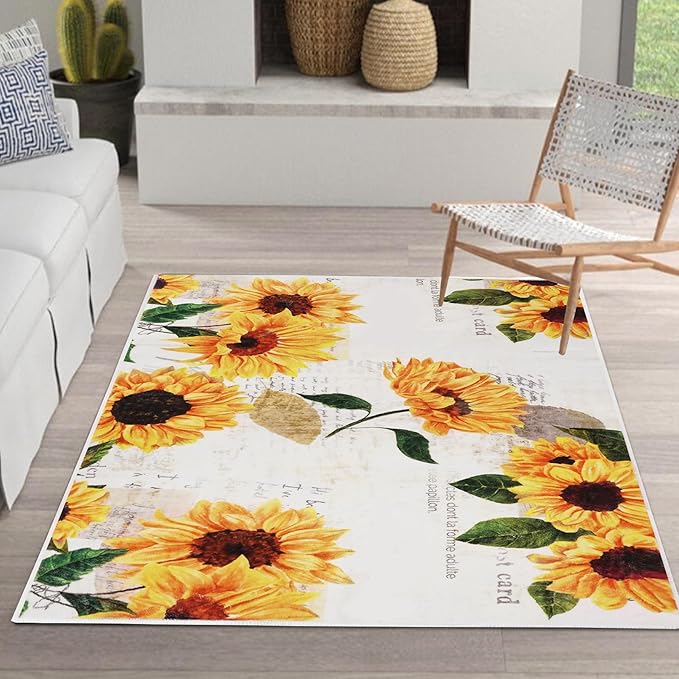Sunflower Area Rug, 3' x 5' Non-Slip Washable Bedroom Rug, Small Indoor Vintage Oil Painting Artwork Rugs for Living Room Dining Table Entryway Bathroom Living Room Office Carpet