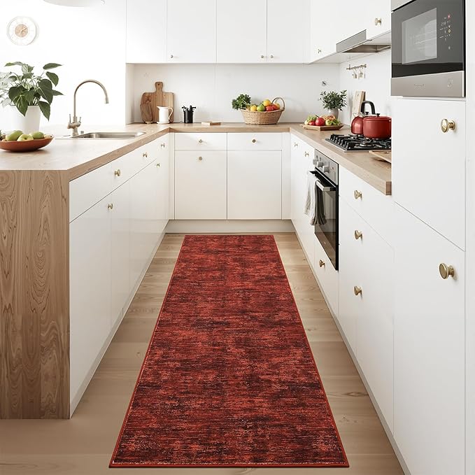RUGSREAL Modern Runner Rug 2.5x8 Stain Resistant Washable Kitchen Runner Carpet with Rubber Backing Low Pile Contemporary Solid Color Entryway Mat Ultra Soft Rug for Living Room Bedroom, Red