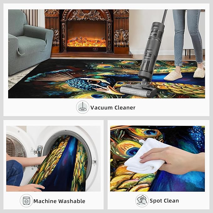 Peacock Rugs for Bedroom - 2x3 Area Rug - 3D Peacock Rugs for Living Room, Abstract Watercolor Animal Rug, Non-Slip Washable Home Decor Carpet