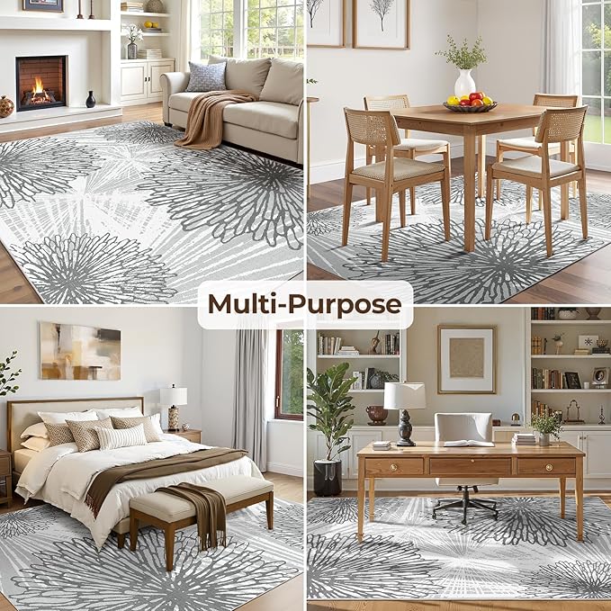 WITSHOCK 8x10 Washable Rug for Living Room,Modern Floral Distress Print Pattern Area Rugs,Stain Resistant with Non Slip Backing Carpet for Dining Room,Bedroom & Home Decor,Grey White