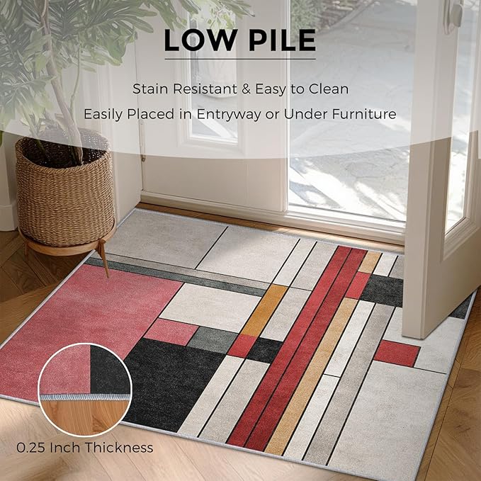 3x4 Abstract Geometric Rugs for Bedroom Decor, Washable Black White Red Geometry Pattern Area Rug, Living Room Home Decoration, Non Slip Soft Thin, Minimalist Modern Decor Carpet PF-P 49