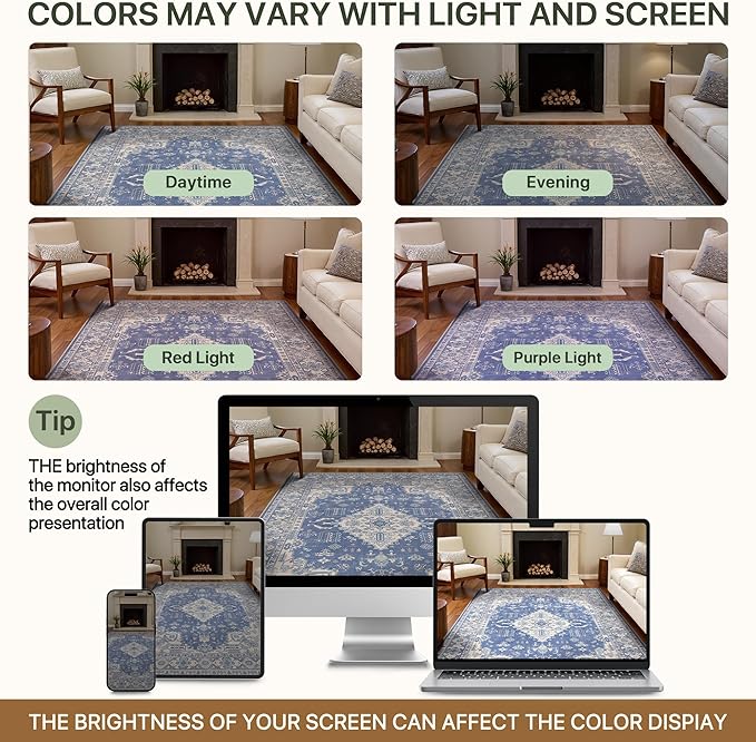 Bavni Vintage 8x10 Area Rugs, Boho Oriental Living Room Rug, Machine Washable Rug Non Slip, Distressed Print Indoor Large Blue Rugs, Low Pile Ultra-Thin Soft Carpet for Bedroom, Dining Room, Farmhouse