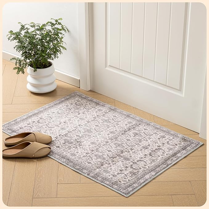 Istana Area Rug 2x4 - Pale Rose Beige 2x4 Washable Rug Non Slip - Pet Friendly Living Room Rug - Non Shedding Washable Rugs for Bedroom - Foldable Bathroom Rugs