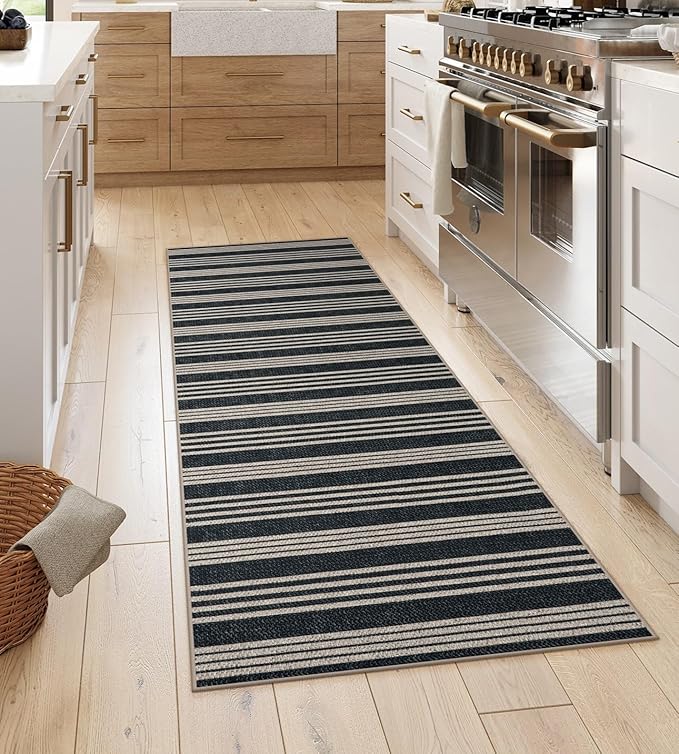Lahome Striped Easy Jute Runner, 2x6 Kitchen Runner Rug Non Slip Washable Outdoor Rug for Entryway Indoor, Farmhouse Indoor Outdoor Black Carpet for Hallway 6ft Entry Front Door