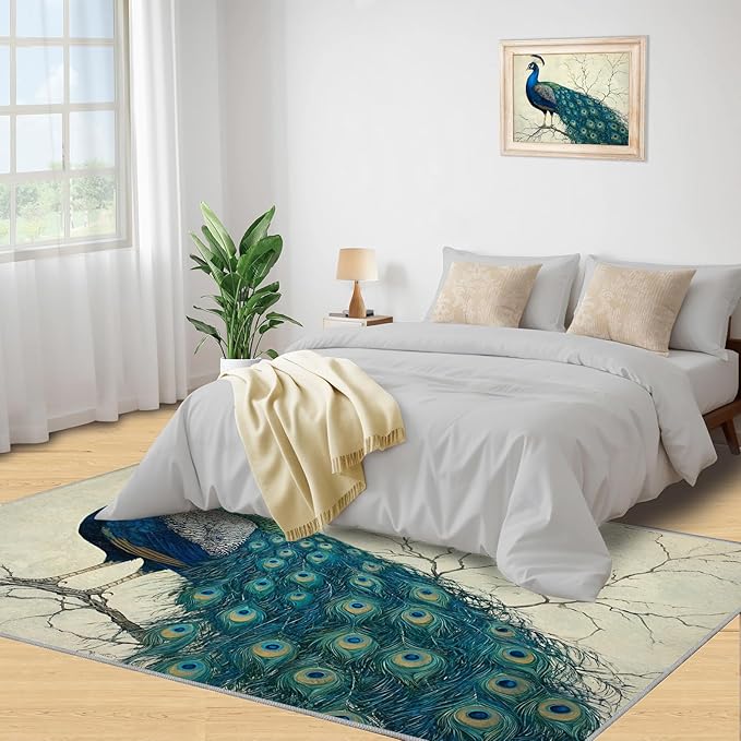 Peacock Area Rug 3x4-3x4 Rug, Peafowl Rugs for Living Room, Teal Turquoise Carpet, Modern Style Washable Area Rugs for Bedroom, Peacock Feather Carpet - Peafowl Home Decor & Gifts