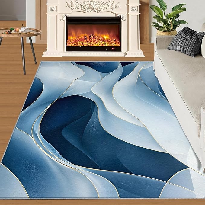 3x6 Abstract Lines Bedroom Rug Under Bed - Blue-White-Waves Kids Room Rugs, Modern Abstract Bedroom Runner Rug Soft Washable for Living Room Kitchen