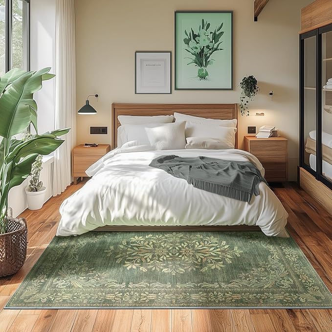 jinchan Green Floral 5x7 Area Rugs for Living Room - Machine Washable Distressed Vintage Design Soft Low-Pile Non-Slip Carpet for Dining Room Bedroom Home Office Nursery (5x7ft,Dark Green)