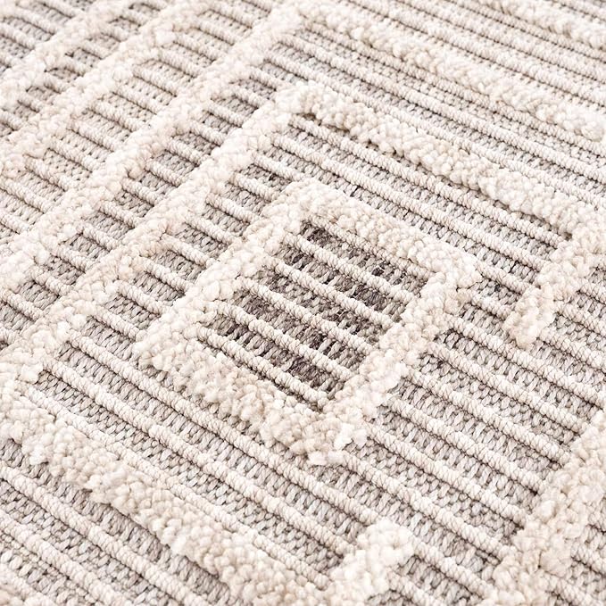 Hauteloom Lunao Farmhouse Living Room Bedroom Moroccan Square Pattern Abstract Area Rug - Soft Shaggy High Low Carpet - High Pile - Bohemian, Boho - Gray, Brown, Beige, Cream - 7'10" x 10'