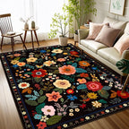 Floral 4x6 Area Rug Machine Washable Soft Print Boho Carpet Non Slip Doormat Low Pile Flower Area Rugs for Living Room Bedroom Nursery Kitchen Dining Room Indoor-Black