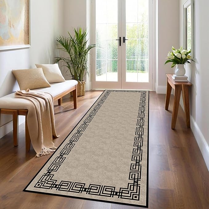 Vintage Tribal Hallway Rugs, 3.3x7ft, Southwest Brown Rustic Native Ethnic Greek Key Pattern Carpet Runners, Ultra-Thin Foldable Low Pile Distressed Rug for Dining Room Lounge