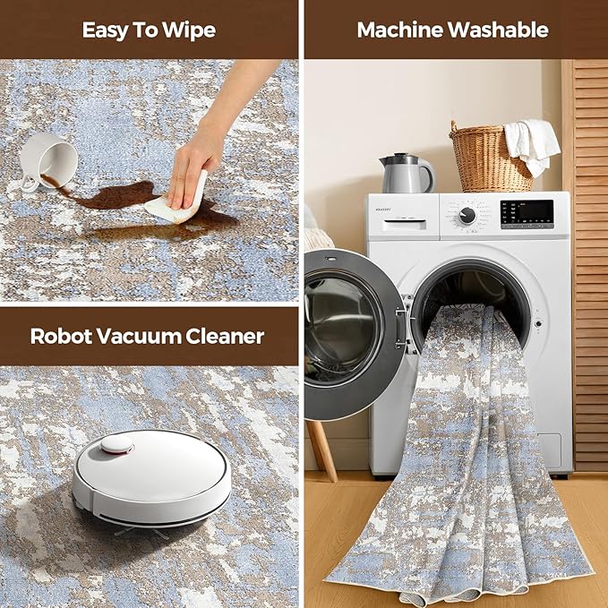 WITSHOCK Living Room Area Rugs 6x9: Abstract Rugs Machine Washable for Bedroom Carpet Resistant Non-Slip Carpet Large Indoor Floor for Dining Room Farmhouse Nursery Blue Brown