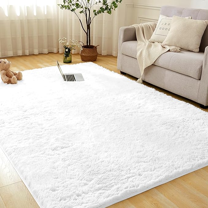 Andency White Soft Area Rugs for Living Room Bedroom, 5x8 Fluffy Shaggy Bedside Rug, Non-Slip Large Shag Fuzzy Plush Carpets for Bedroom Kids Dorm Nursery Home Decor Aesthetic