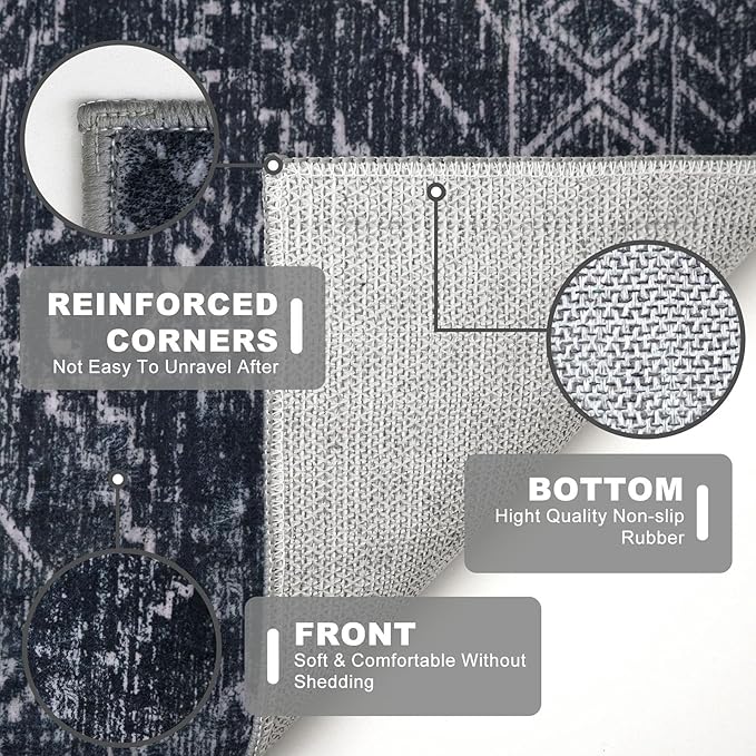 KILOCOCO Boho Kitchen Runner Rug 2x6 Washable Runner Rug, Soft Runners for Hallways Non Slip Printed Distressed Laundry Room Rug, Low-Pile Rug for Entryway/Bedroom/Living Room, Black/Navy