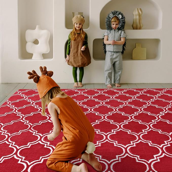 Amearea Fluffy Indoor Area Rug, Soft Trellis Moroccan Rugs for Bedroom, Shag Modern Area Rug for Living Room Kids Room Nursery, Easy Clean, Home Decor Low Pile Carpet, Wine Red 6x9 Feet