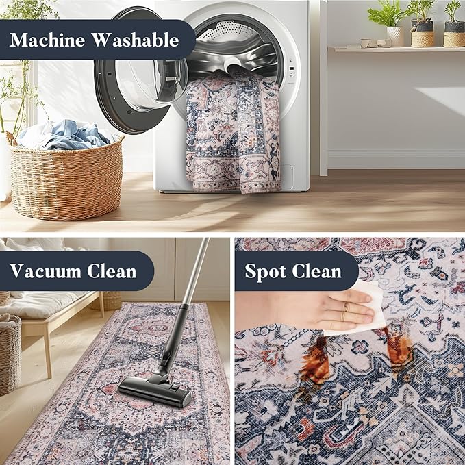 PURRUGS Vintage Farmhouse Boho Throw Rug 3x5 ft, Non-Slip Machine Washable Rug, Accent Oriental Area Rug for Entryway, Kitchen, Bedroom, Living Room and Dining Room, Coral Red/Marine Blue
