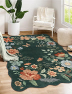 Lahome Floral Machine Washable Rug, 3x5 Rug Non Slip Soft Bedroom Rugs for Entryway Dorm, Ultra-Thin Boho Rugs for Living Room Stain Resistan Throw Carpet for Nursery Entrance, Dark Green