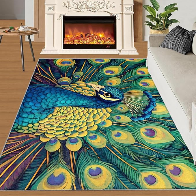 Peacock Rug 6x8-6x8 Rug, Wonderful Peacock Area Rugs for Bedroom, Teal Turquoise Rugs for Living Room, Modern Style Washable Mat, Malachite Green Feather Carpet - Peafowl Home Decor & Gifts