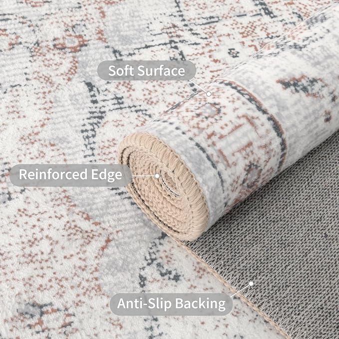 Easy-Going Large Area Rug 8x10 Washable Boho Rugs for Living Room Non-Slip Bedroom Rug Low Pile Lightweight Vintage Distressed Throw Rug for Dining Room Kitchen Home Office Carpet, Grey Brick