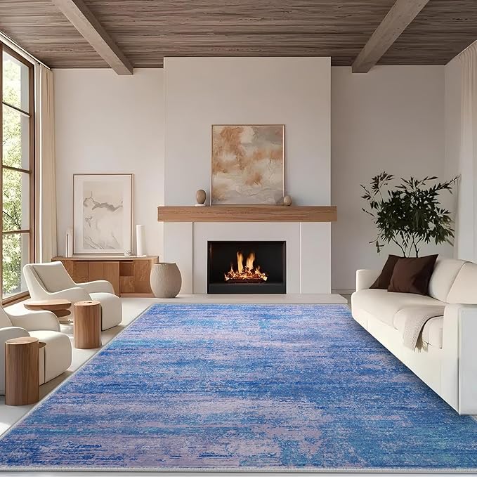 8x10 Abstract Area Rugs for Living Room, Modern Washable Indoor Rug for Bedroom, Thin Soft Large Non-Slip Carpet for Dining Room Home Office Farmhouse Decor - Abstract Blue Purple