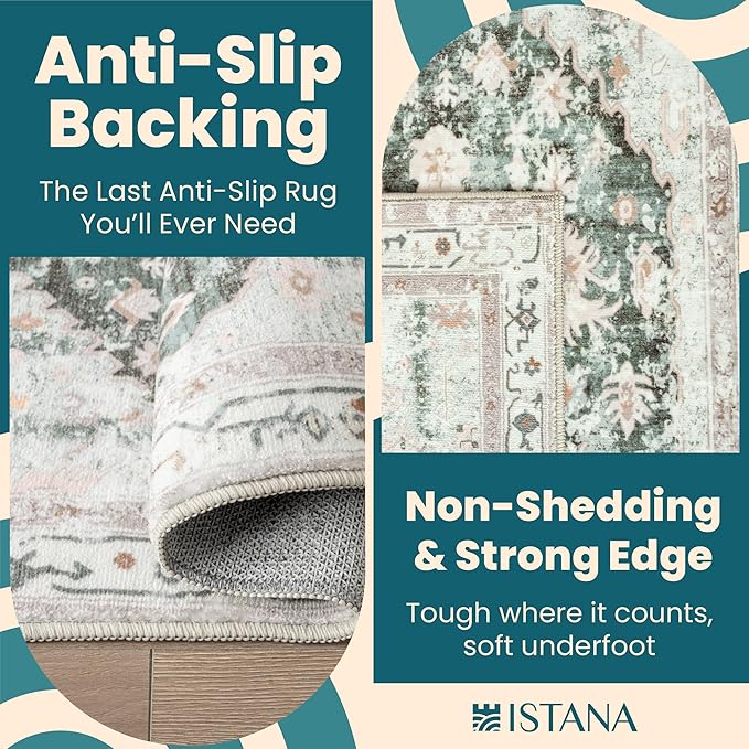 Istana Hallway Runner Rug 2.5x8 - Light Green/Beige Kitchen Rugs Non Slip Washable -Silk's Soft Touch Carpet Runner - Stylish Rugs for Home