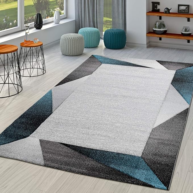 Paco Home Modern Area Rug Bordered with Geometric Pattern Turquoise Grey with Contour Cut, Size: 4' x 5'7"
