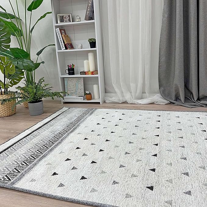 Alfa Rich 7x10 Gray Off White Washable Area Rugs for Living Room Bedroom Kitchen Dining Cotton Rug