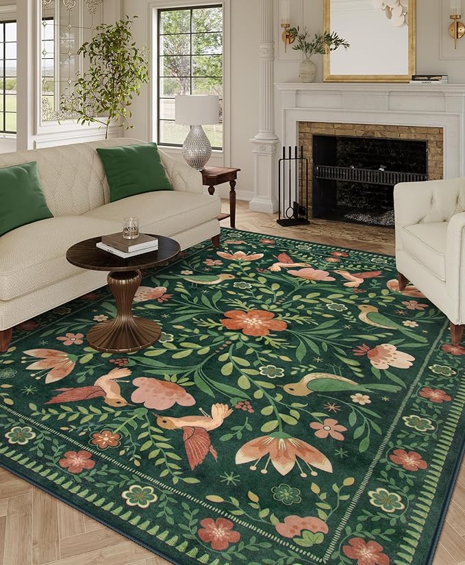 Moynesa Living Room Rug 5x7, Washable Modern Cottage Green Area Rugs for Bedroom Dining Room, Farmhouse Aesthetic Floral Bird Print Carpet, Vintage Home Decor Open Floor Areas Non-Slip Protection