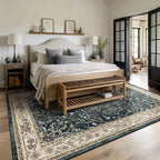 Vintage Distressed 8x10 Rugs for Living Room Bedroom, Washable Non Slip Dining Room Rugs for Under Table, Low Pile Thin Soft Carpet Farmhouse Dark Medallion Printed, Midnight/Multi