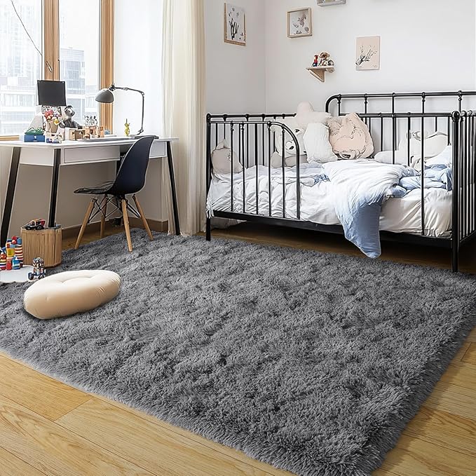 Dark Gray Fluffy Rug Plush Carpet for Bedroom Dorm, Non-Slip High Pile Rug, Shag Rug for Playroom Nursery Home Office Decor 9X12 Ft