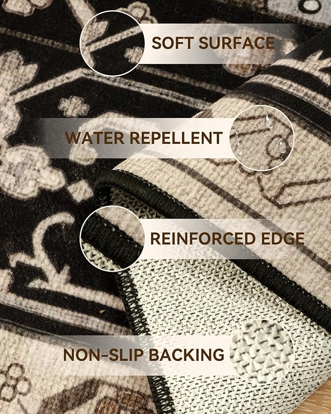 Area Rugs 6ft Washable Non-Slip, Floral Vintage Distress Print Pattern Medallion Carpet for Living Room Bedroom Dining Room, Black Brown Neutral Dark Tan