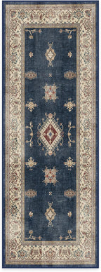 RUGGABLE Washable Vintage Runner Rug – Verena Sapphire 2.5x7, Stain-Resistant, Non-Slip Hallway Runner – Machine Washable Rug for Hallway, Entryway, Living Room & Kitchen–with Cushioned Pad
