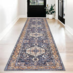 KOZYFLY Runners for Hallways 2.6x12 Ft Extra Long Washable Kitchen Boho Runner Rug for Entryway Indoor Gold Navy Printed Faux Wool Stair Runner Floor Carpet Runner for Stair Kitchen Hall