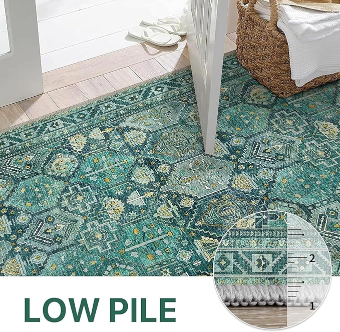 Bavni Washable Rug 8x10 Area Rug for Living Room Bedroom Dining, Washable Vintage Print Carpet, Ultra-Thin Chenille Low Pile Lightweight Rug with Non Slip Backing, Dark Green