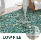 Bavni Washable Rug 8x10 Area Rug for Living Room Bedroom Dining, Washable Vintage Print Carpet, Ultra-Thin Chenille Low Pile Lightweight Rug with Non Slip Backing, Dark Green