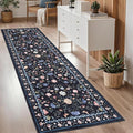 Washable Runner Rug 2.5 x 8 Non-Slip Non-Shedding Soft Vintage Bedside Low Pile Farmhouse Floral Carpet, Indoor Foldable Printed Entryway Rug for Hallway Kitchen, Dark Grey Blue