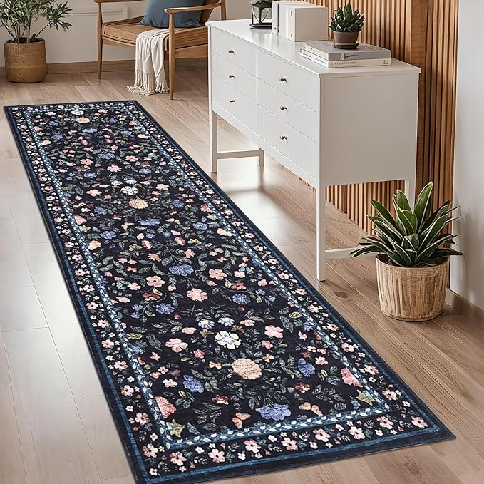 Washable Runner Rug 2.5 x 8 Non-Slip Non-Shedding Soft Vintage Bedside Low Pile Farmhouse Floral Carpet, Indoor Foldable Printed Entryway Rug for Hallway Kitchen, Dark Grey Blue