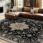 Area Rugs 7'x9' Washable Non-Slip, Floral Vintage Distress Print Pattern Medallion Carpet for Living Room Bedroom Dining Room, Black Brown Neutral Dark Tan