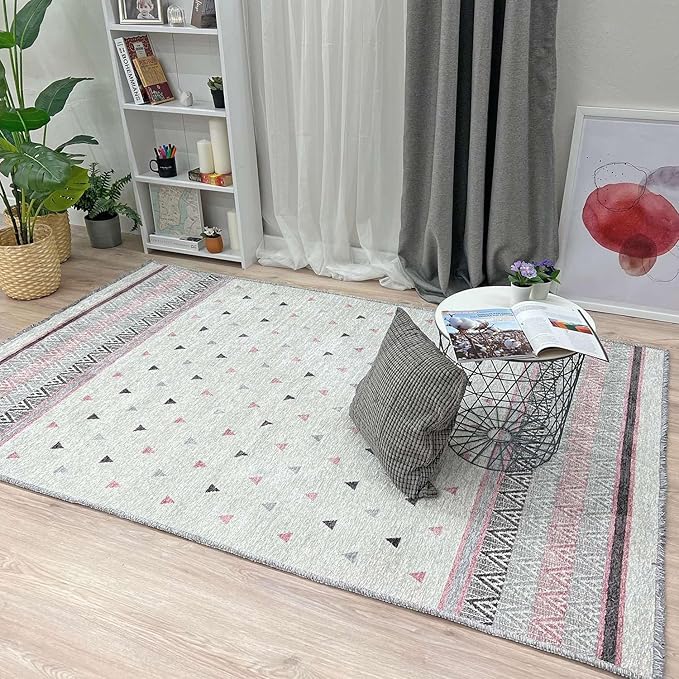 Alfa Rich 7x10 Mauve Gray Off White Washable Area Rugs for Living Room Bedroom Kitchen Decor Cotton