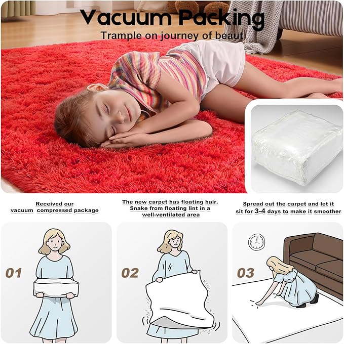 3x5 Red Rug for Bedroom Living Room, Fluffy Small Area Rug Soft Shag Carpet for Kids Boys and Girls Room with 4 Rugs Non-Slip Stickers Dorm Home Decor (3ft x 5ft)