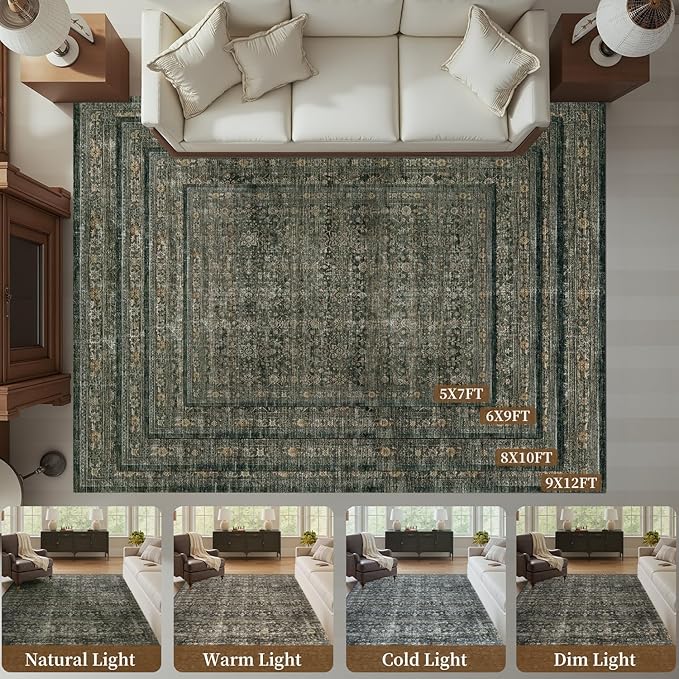 MontVoo-Vintage Area Rug 9X12 Green Rugs for Living Room-Soft Distressed Printed Rugs for Bedroom-Non Slip Carpet-Machine Washable Rug for Dining Room Living Room Bedside Office